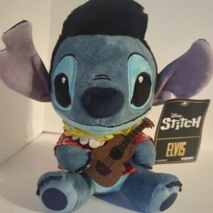 Disney Blue Stitch Elvis Plush with Red Hawaiian Shirt and Brown Ukulele